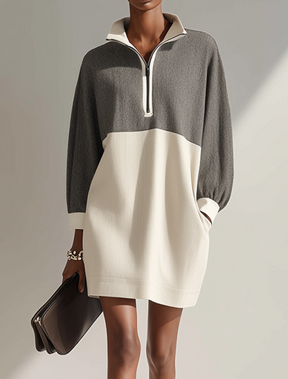 Women's Minimalist Color-Block Knit Mini Dress With Half-Zip Stand Collar MDZ1097G5ZRK
