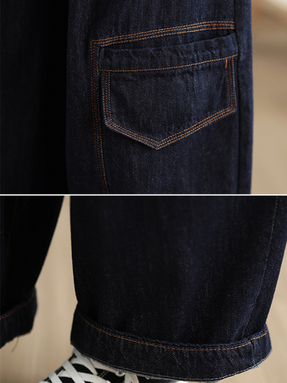 Artful Wide-Leg Denim Pants with Oversized Pockets and Drawstring Waist