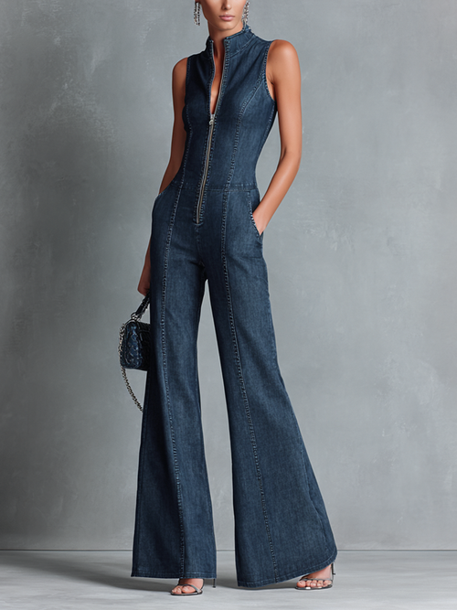 Women's Retro Style Dark Blue Denim Sleeveless High-Neck Flared Jumpsuit With Front Zipper MDZ1239B2BA
