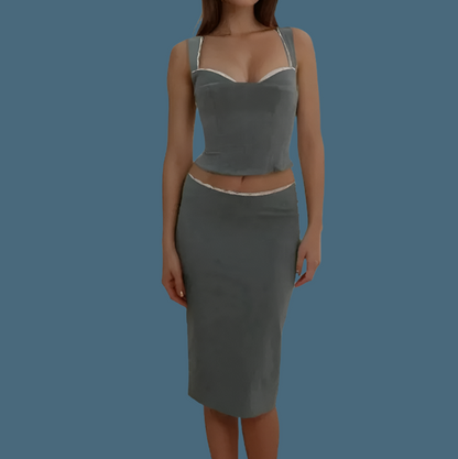 Spliced Lace Top Low Waist Midi Skirt Suits