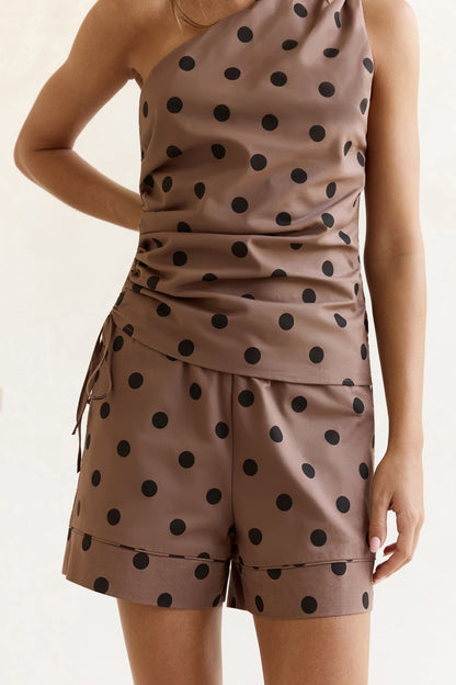 Seeking The Sun Polka Dot One Shoulder Top Brown