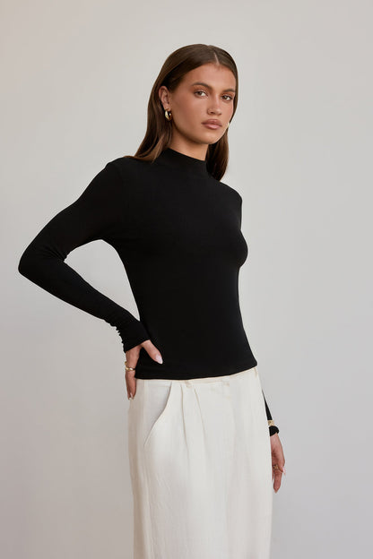 BASE Form Luxe Knit Simple High Neck Long Sleeve Top Black