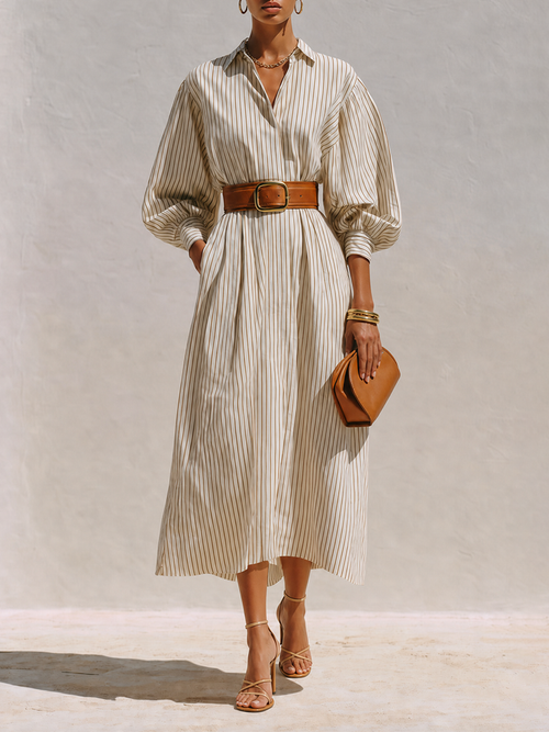 Women's Elegant Ivory Cotton Blend Pinstripe Collared Button-Front Balloon Sleeve Belted Midi Shirt DressMDZ0739G0ZSQ