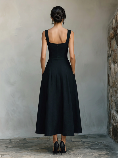 Women's Black Cotton-Blend Maxi Dress With Wide Square Neck Thick Straps & Side Patch Pockets, Minimalist Elegant Formal Swing Dress MDZ2269F2LYL