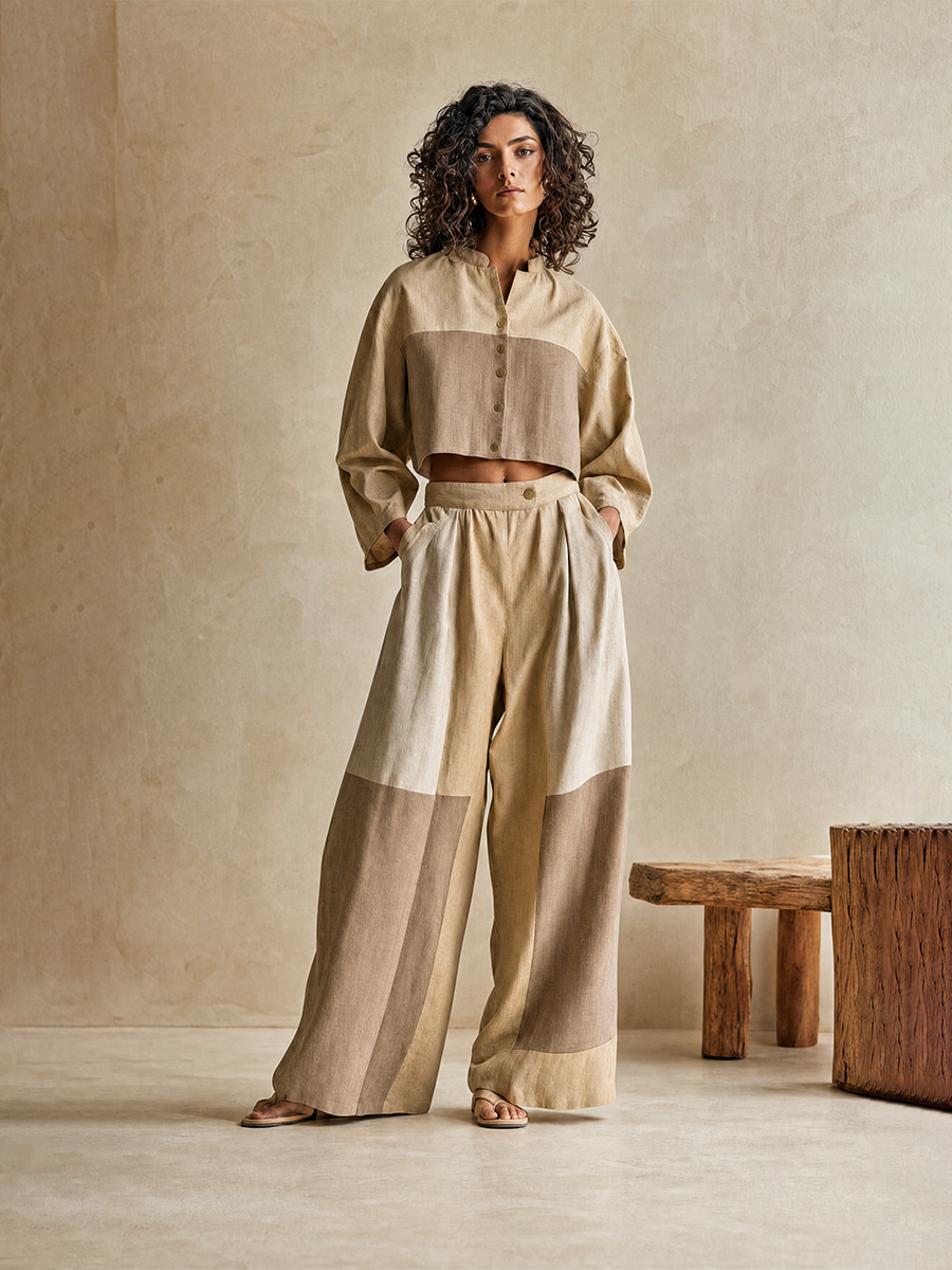 Women's Relax Vacation Khaki Color Block Stand Collar Long Sleeve Cropped Top & Wide Leg Pants Set MDZ0642G5Q
