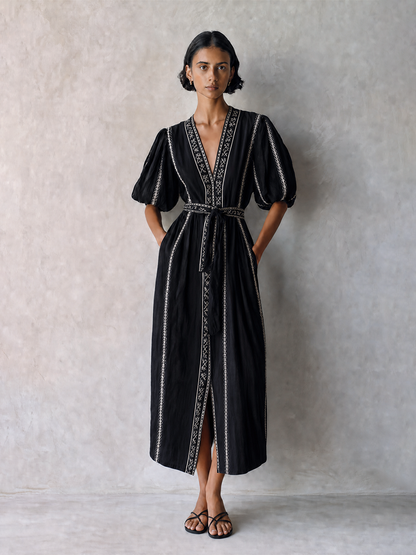 Women's Bohemian Black Cotton Blend V-Neck Puff Sleeve Geometric Embroidery Belted Midi DressMDZ0712G1ZSQ