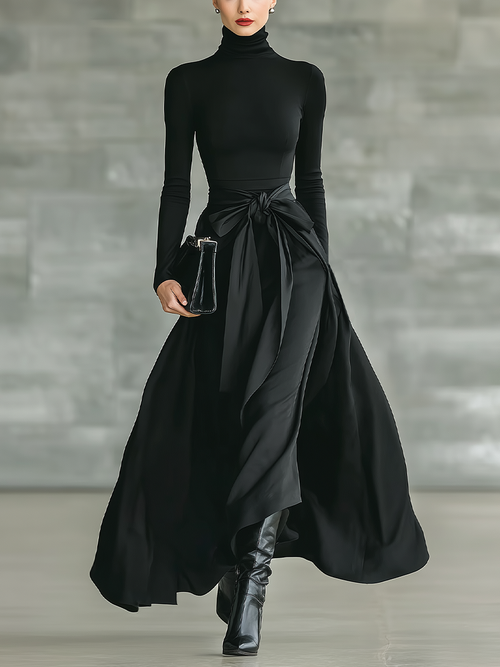 Women's Black High-Neck High-Stretch Knitted And Satin Flared Maxi Dress MDA2851J4T
