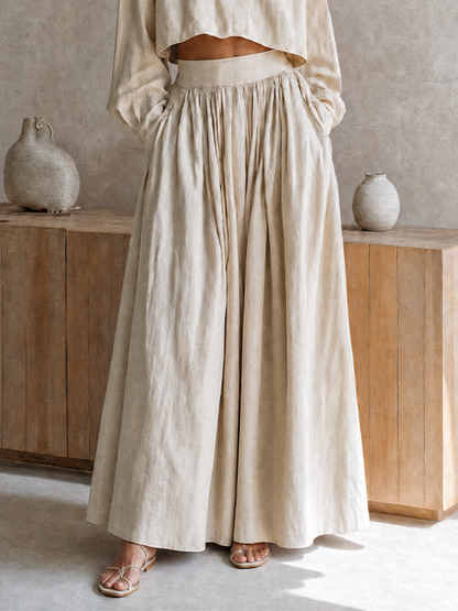 Women's Vacation-Style Beige Cotton-Linen Collared Dropped-Shoulder Long-Sleeve Cropped Top + High-Waist Pleated Wide-Leg Pants MDZ0766G0CMX