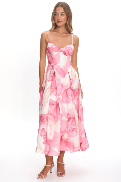 Get My Attention Pleat Waist Maxi Dress Watercolor Pink