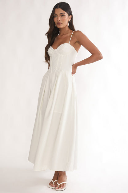 Kearsy Box Pleat Sweetheart Neckline Midi Dress White