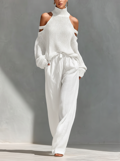 Women's Beige Knit Fabric Cold-Shoulder Turtleneck Top & Wide-Leg Pants Set MDZ0984A5T