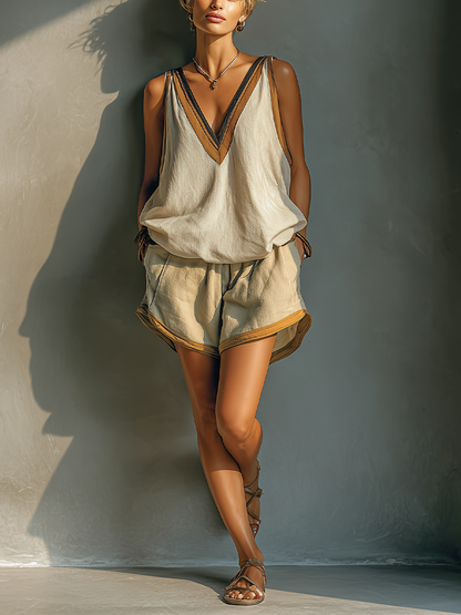 Women's Beige Linen Blend Contrast Binding V Neck Oversized Sleeveless Camisole Top MDZ3032C6T