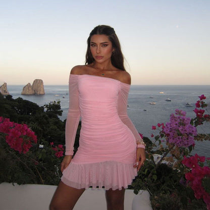 Pleated Tube Top Dress Long Sleeve Slim Fit