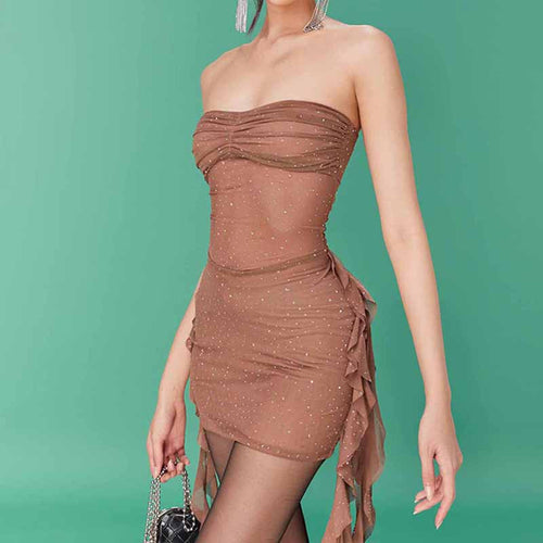 Starry Rhinestone Tube Top Ribbon Mesh See through