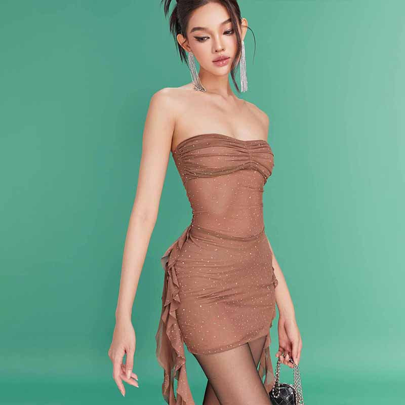 Starry Rhinestone Tube Top Ribbon Mesh See through