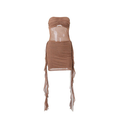Starry Rhinestone Tube Top Ribbon Mesh See through