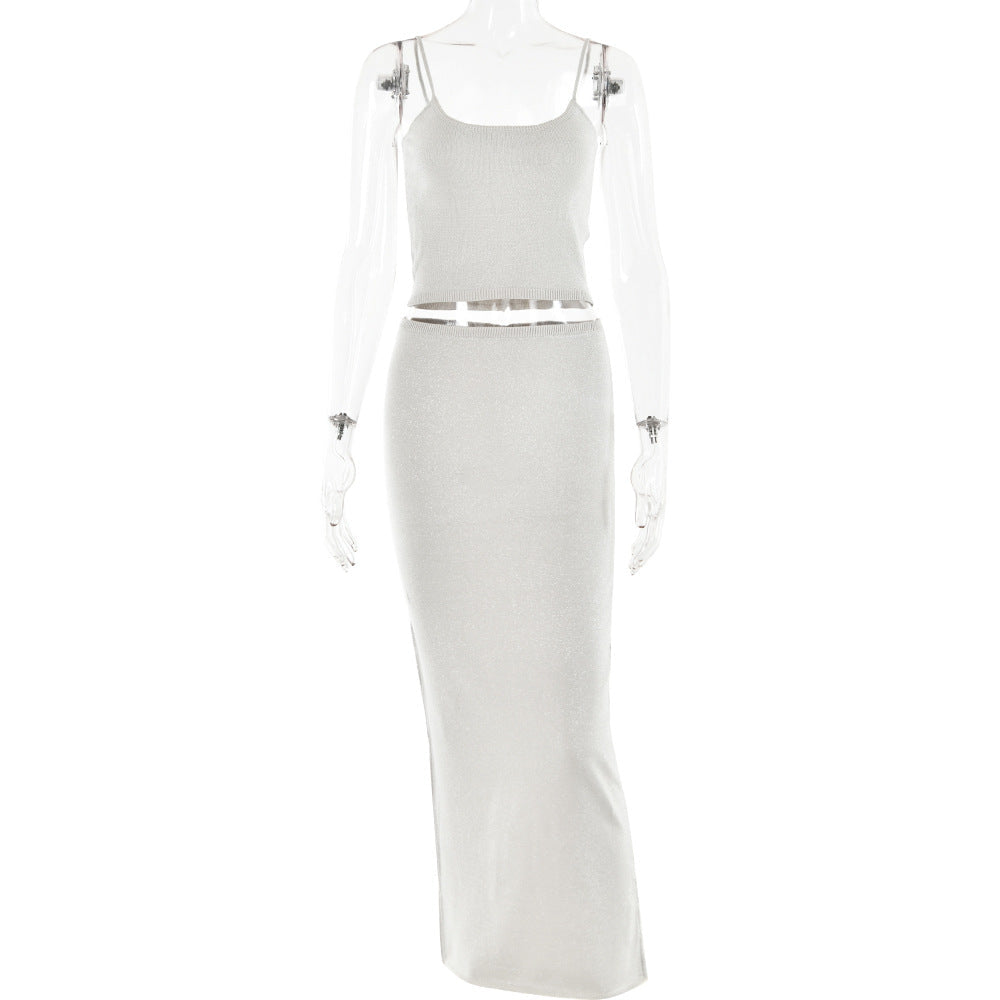 Trend Backless Sling Top Sheath Dress Knitted Bright Silk Suit