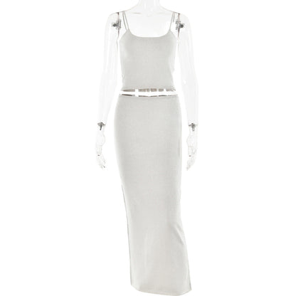 Trend Backless Sling Top Sheath Dress Knitted Bright Silk Suit