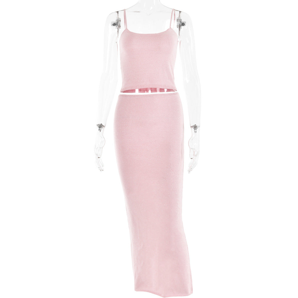 Trend Backless Sling Top Sheath Dress Knitted Bright Silk Suit