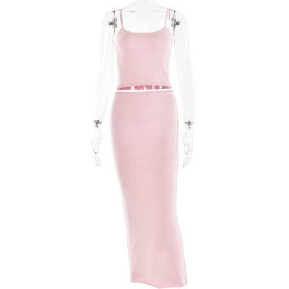 Trend Backless Sling Top Sheath Dress Knitted Bright Silk Suit