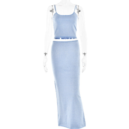 Trend Backless Sling Top Sheath Dress Knitted Bright Silk Suit