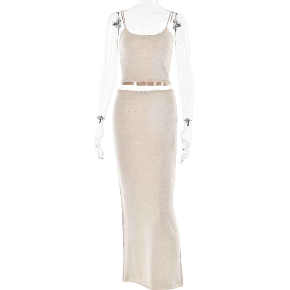 Trend Backless Sling Top Sheath Dress Knitted Bright Silk Suit