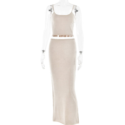 Trend Backless Sling Top Sheath Dress Knitted Bright Silk Suit