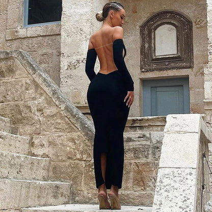 Solid Color Long Sleeve Tube Top Dress Backless Slim Fit Dress