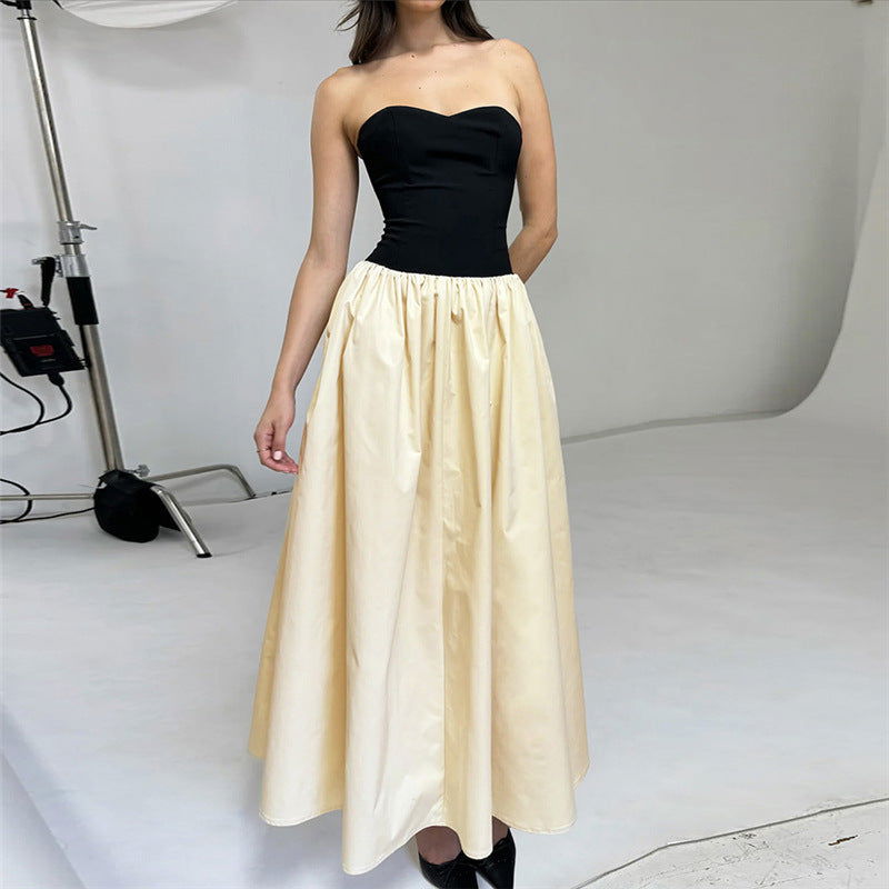 Tube Top Color Contrast Patchwork Pleated Slim Slimming Dress