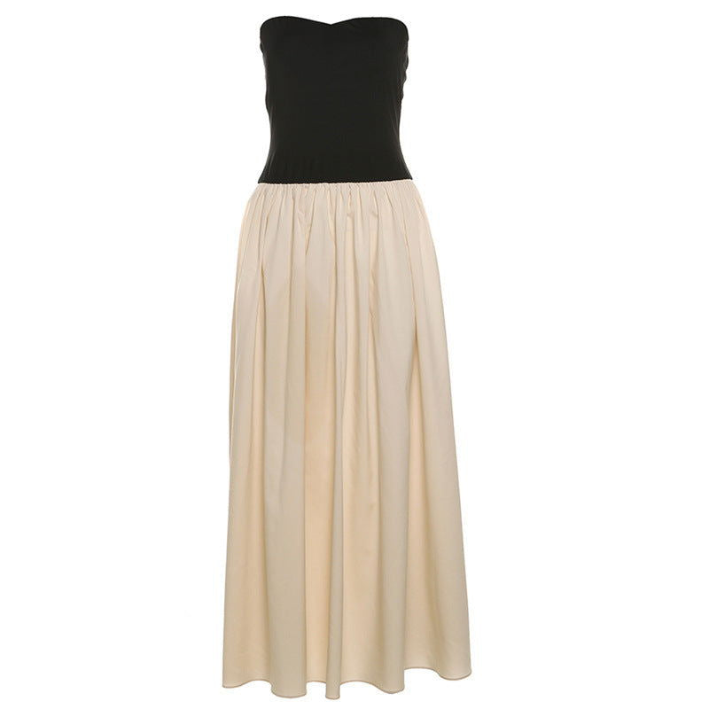 Tube Top Color Contrast Patchwork Pleated Slim Slimming Dress