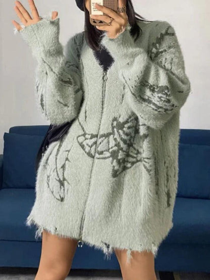 Print V-Neck Zip up Loose Cardigan
