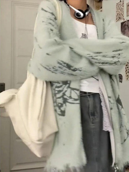 Print V-Neck Zip up Loose Cardigan