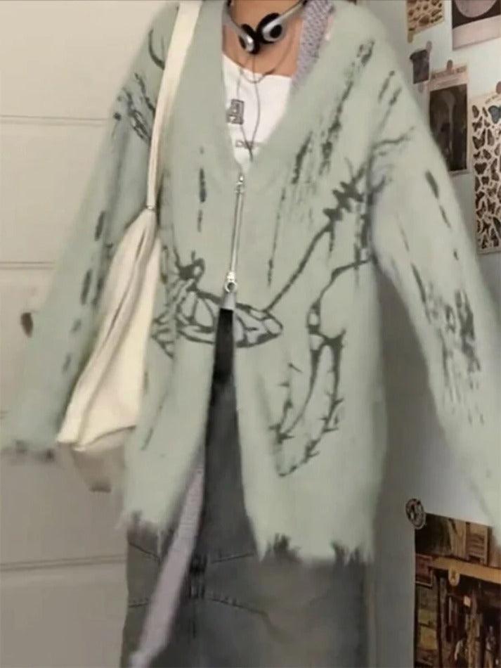 Print V-Neck Zip up Loose Cardigan