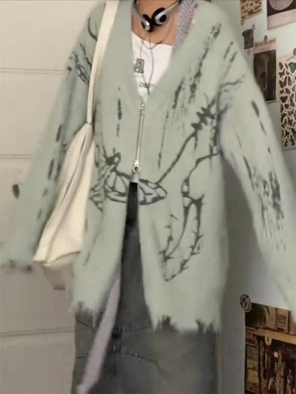 Print V-Neck Zip up Loose Cardigan