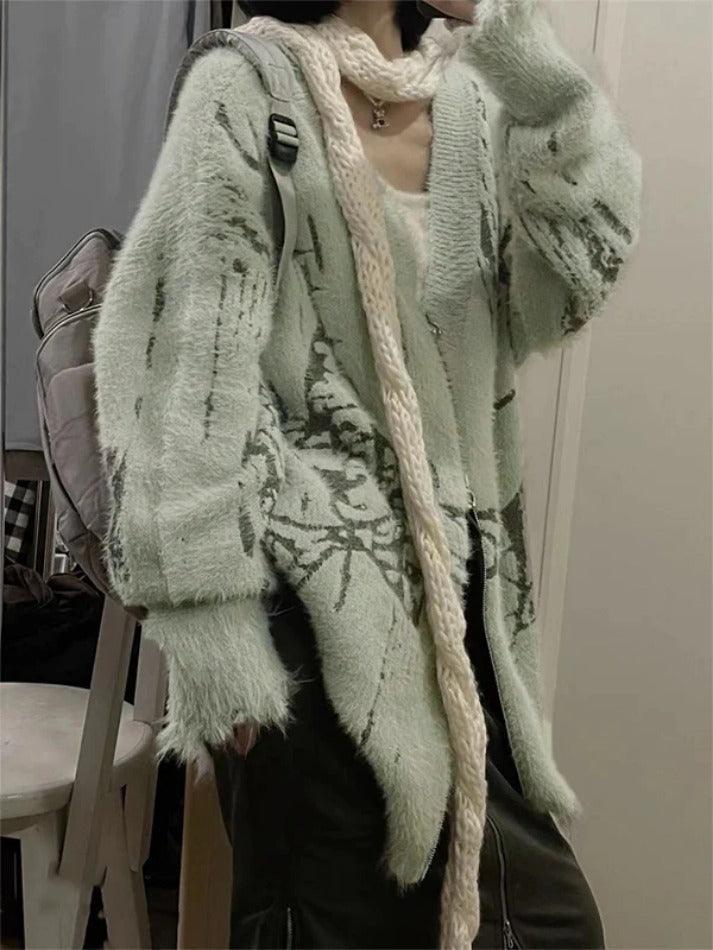 Print V-Neck Zip up Loose Cardigan