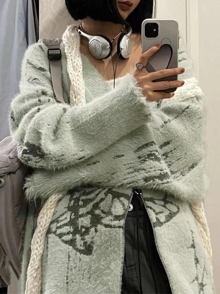 Print V-Neck Zip up Loose Cardigan