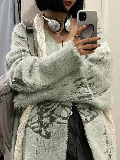 Print V-Neck Zip up Loose Cardigan