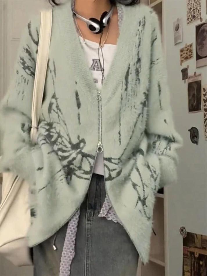 Print V-Neck Zip up Loose Cardigan
