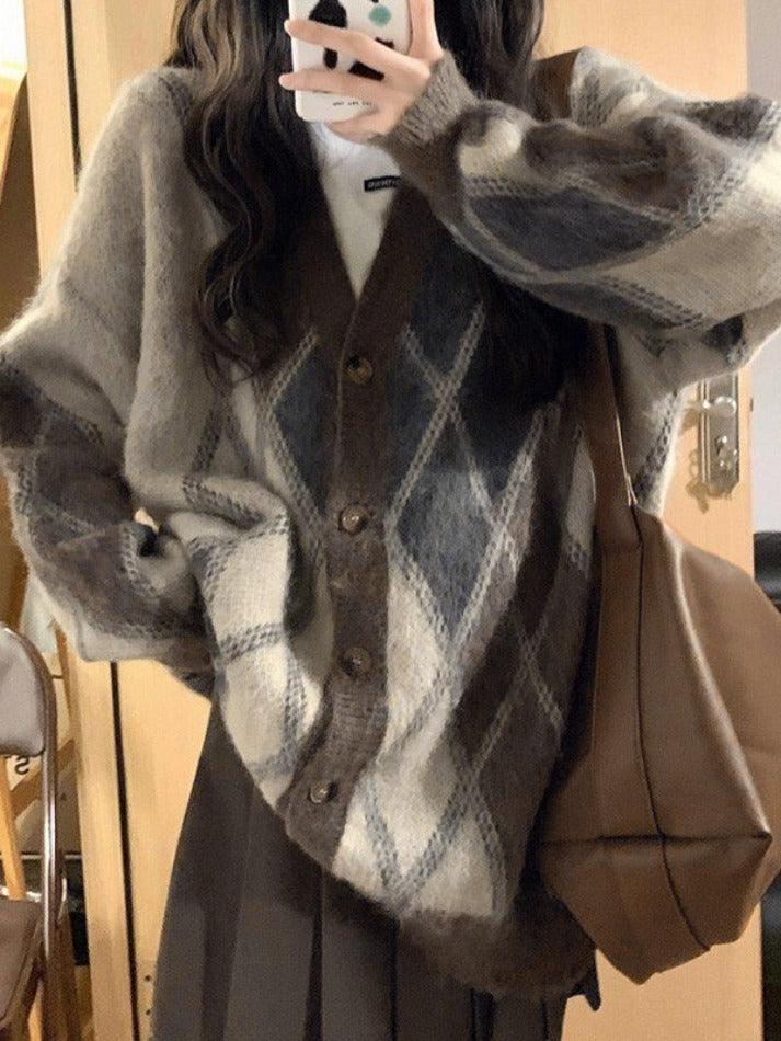 V neck argyle button front cardigan