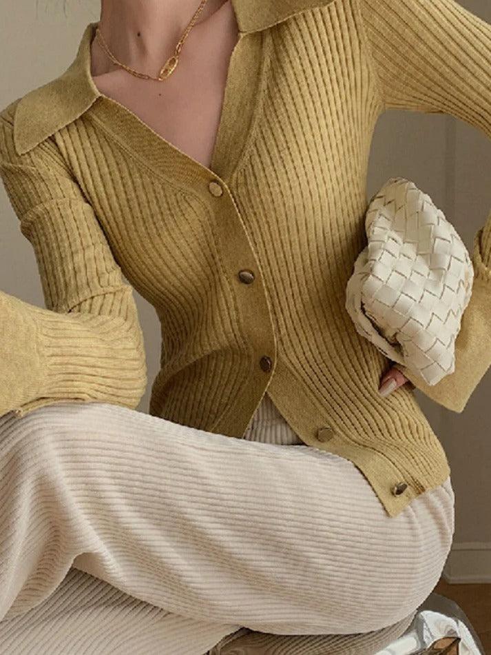 Solid color metal buttons ribbed V-neck cardigan