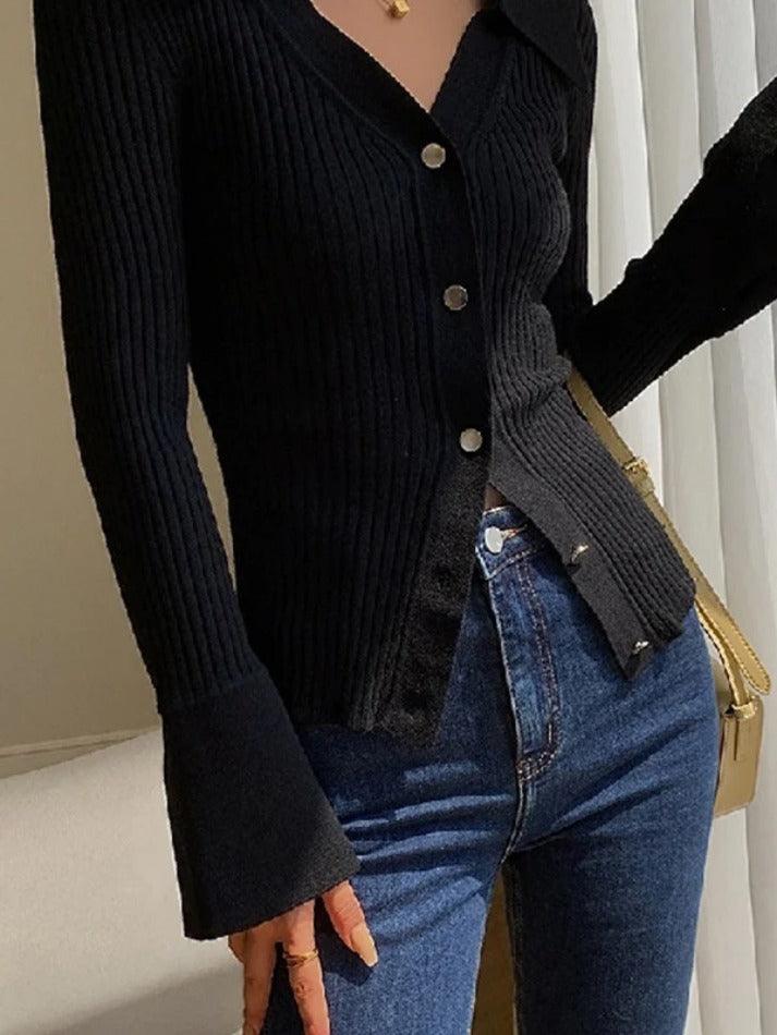Solid color metal buttons ribbed V-neck cardigan
