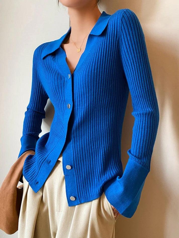 Solid color metal buttons ribbed V-neck cardigan