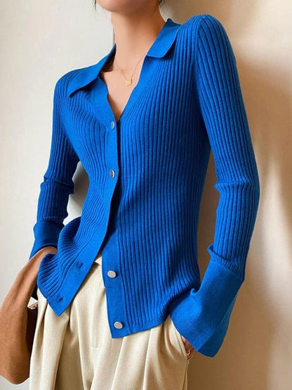 Solid color metal buttons ribbed V-neck cardigan