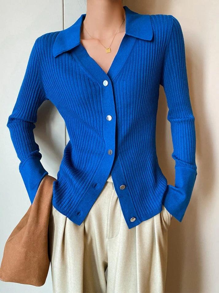 Solid color metal buttons ribbed V-neck cardigan