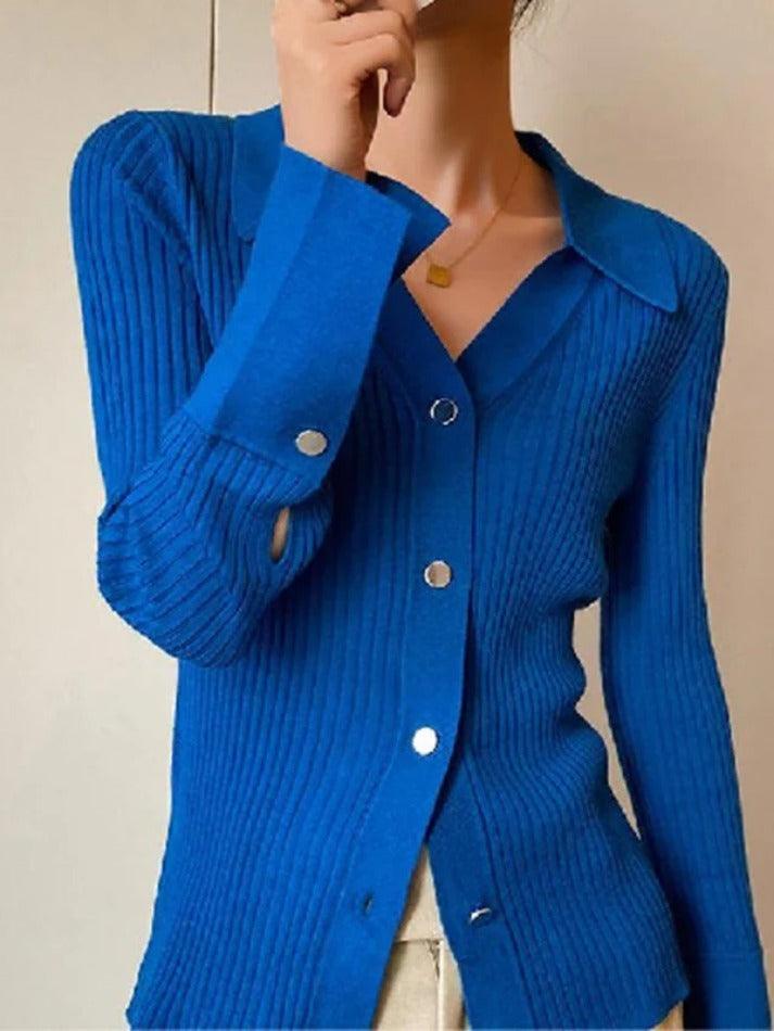 Solid color metal buttons ribbed V-neck cardigan