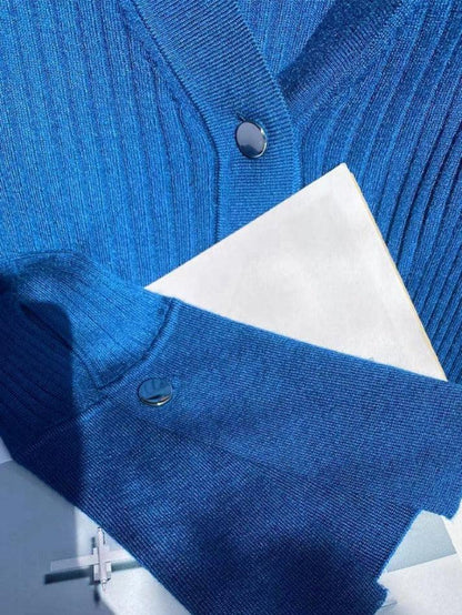 Solid color metal buttons ribbed V-neck cardigan