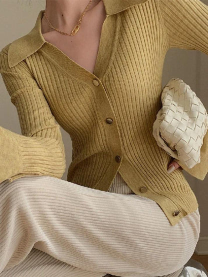 Solid color metal buttons ribbed V-neck cardigan