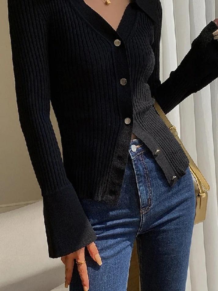Solid color metal buttons ribbed V-neck cardigan