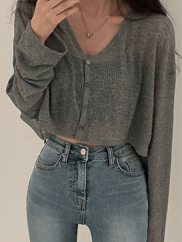 V neck button up cropped cardigan