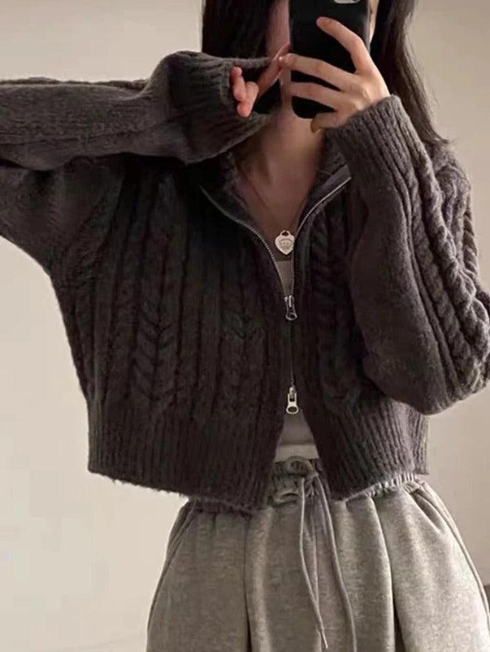 Twist double zipper design short cardigan